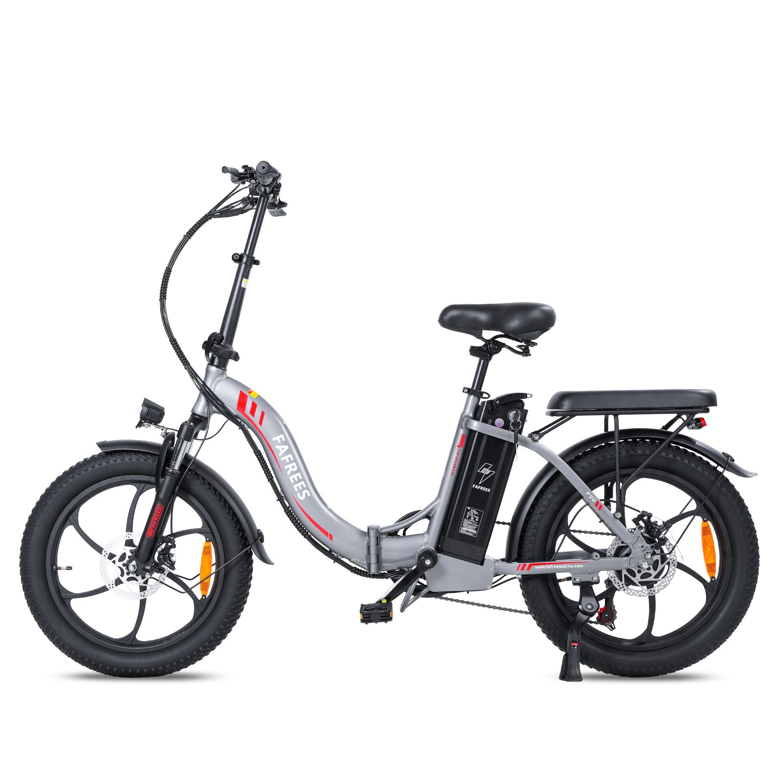 Grijze FAFREES F20 opvouwbare e-bike. Zwarte banden, zadel en bagagedrager. Accu op het frame.