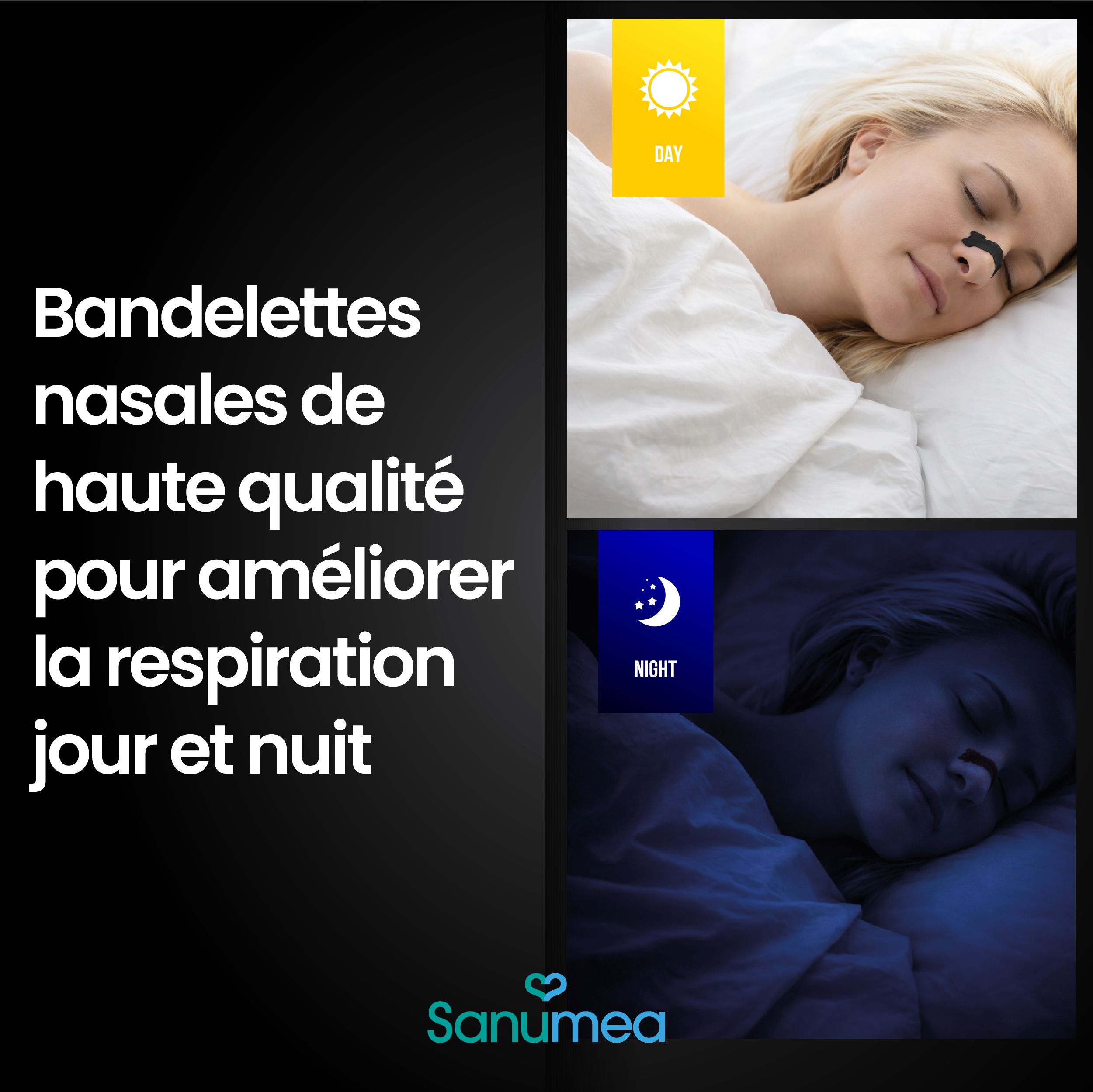 Femme dormant avec un pansement nasal, jour et nuit.