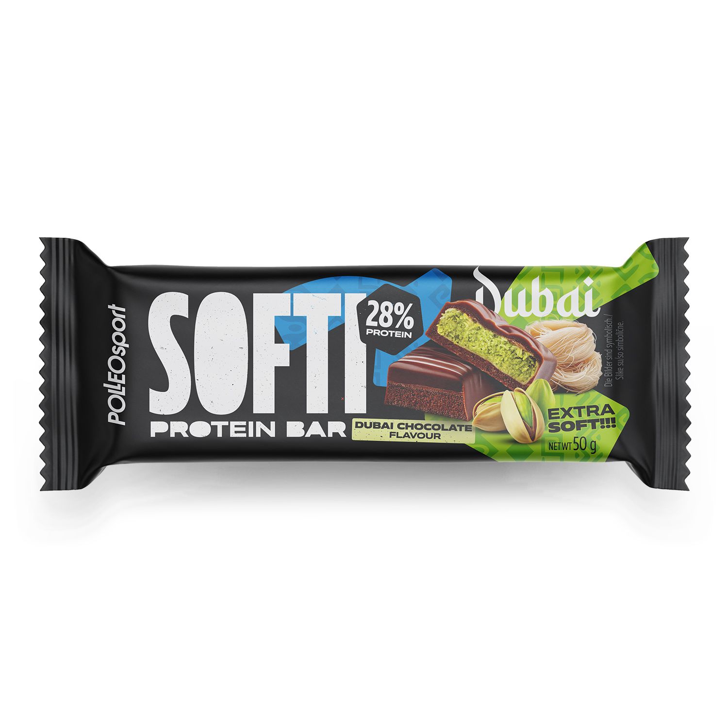 Barre protéinée emballée en noir. Inscription "SOFTI PROTEIN BAR". Saveur "Dubai". 28% de protéines. Poids net 50g.