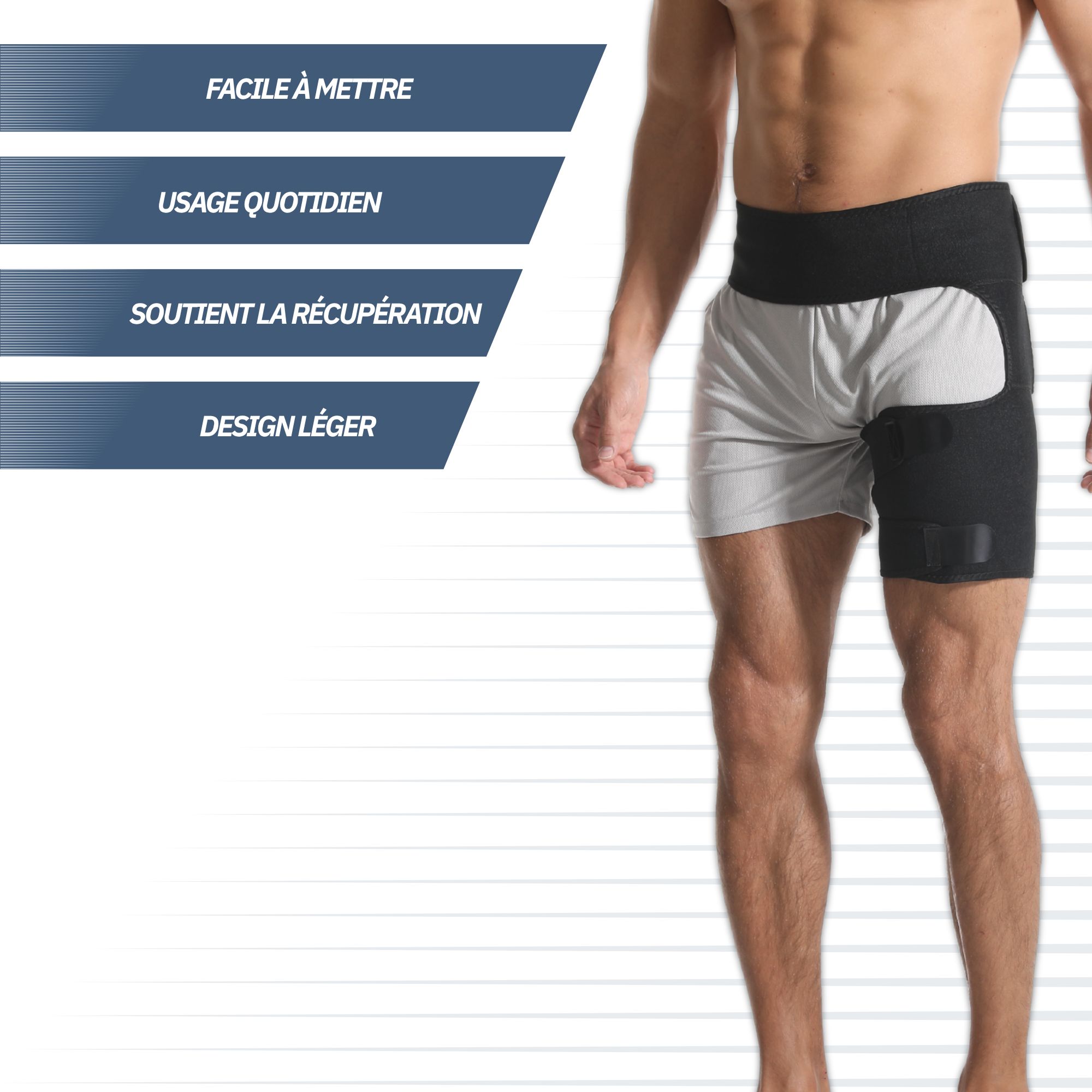 Genouillère noire avec fermeture velcro, portée autour de la cuisse et de la hanche.