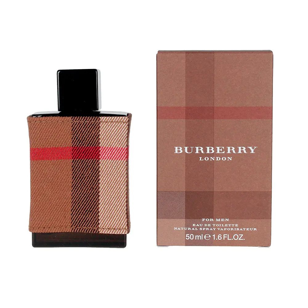 Flacon et boîte. Flacon avec revêtement en tissu à carreaux. Boîte avec logo Burberry.