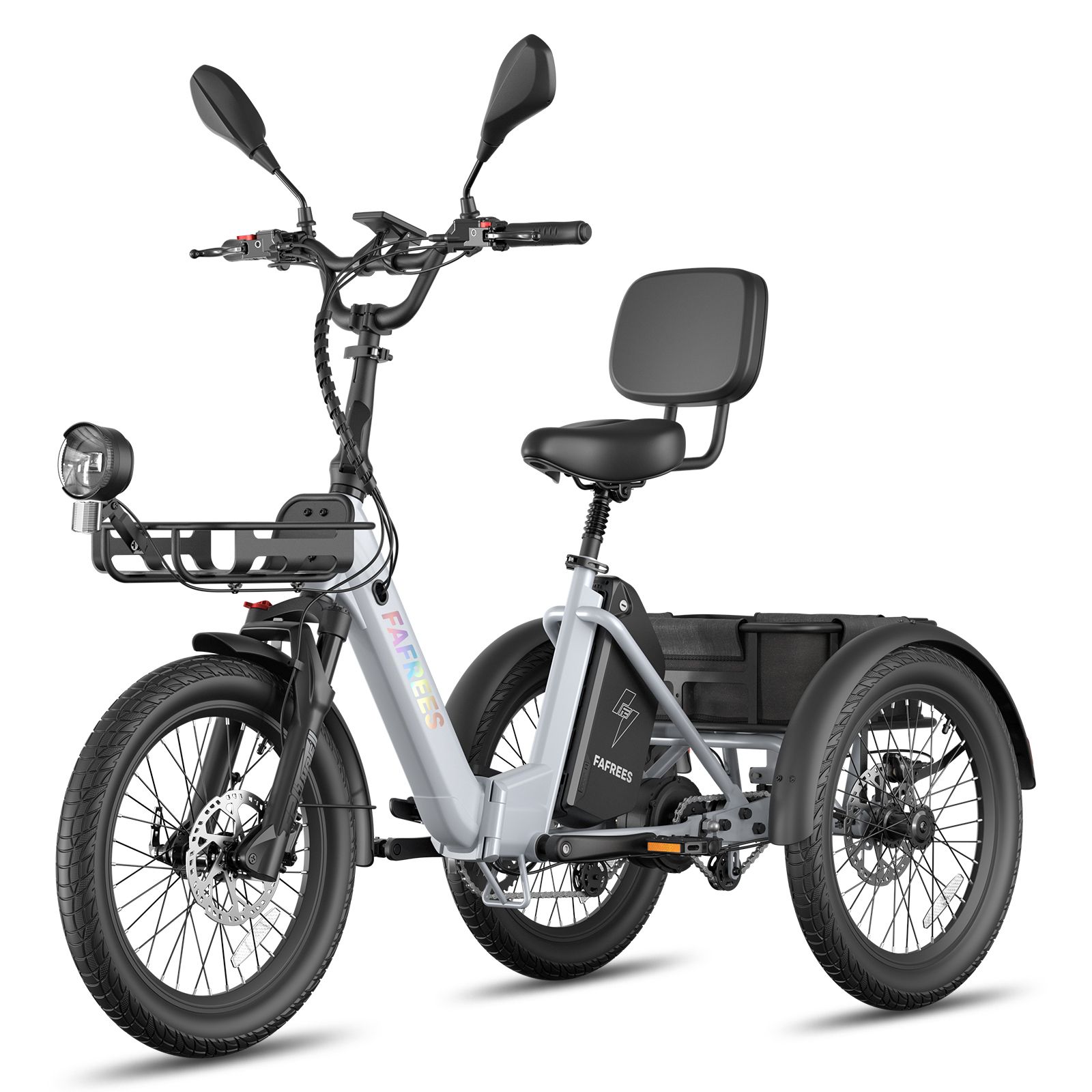 Tricycle électrique gris avec panier, rétroviseurs et porte-bagages. Pneus et siège noirs. Marque FAFREES.