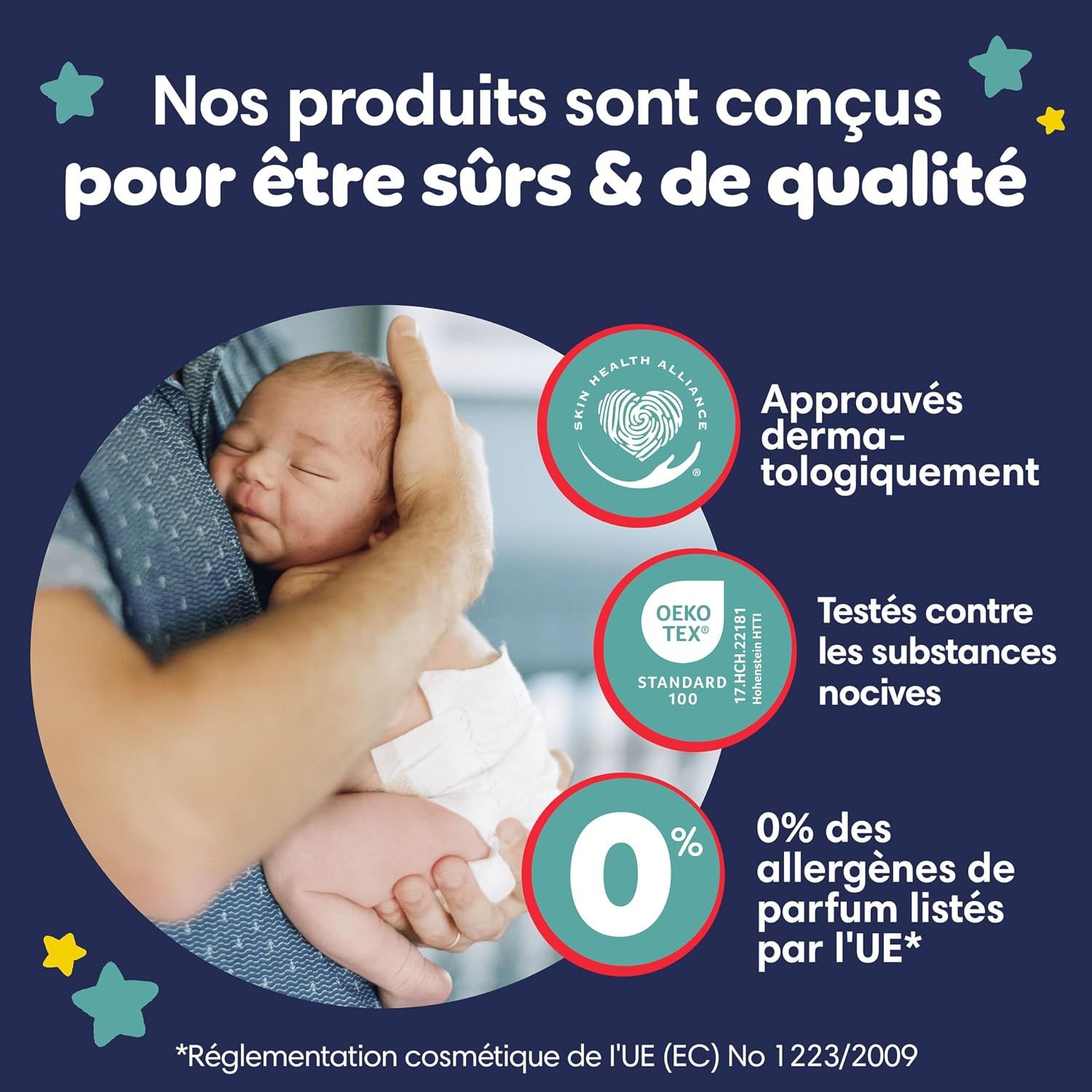 Produits Pampers testés dermatologiquement et sûrs.
