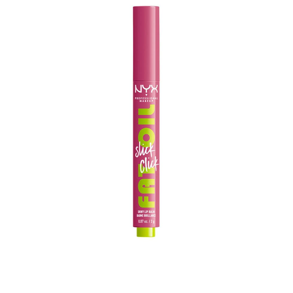Bâton d'huile à lèvres. Bâton rose avec embout vert. Inscription: FAT OIL slick click, NYX Professional Makeup.