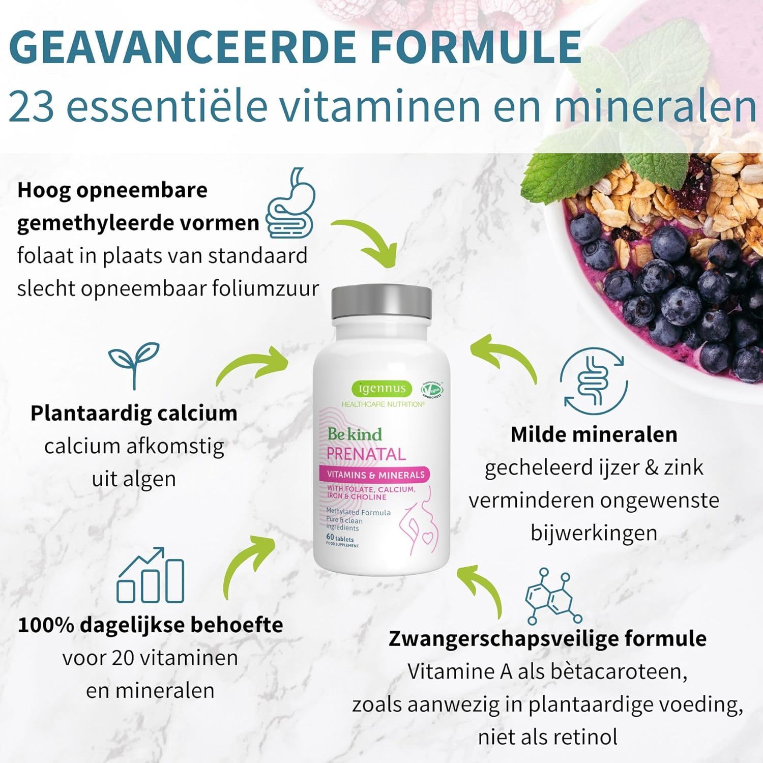 Fles Igennus Be Kind Prenatal. 23 essentiële vitamines en mineralen. Plantaardig calcium.