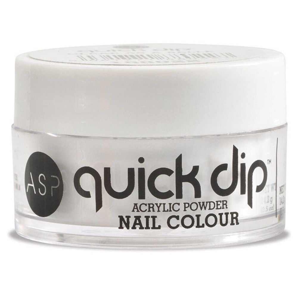 Pot rond transparent avec couvercle blanc. Inscription 'quick dip' et 'ACRYLIC POWDER NAIL COLOUR'.