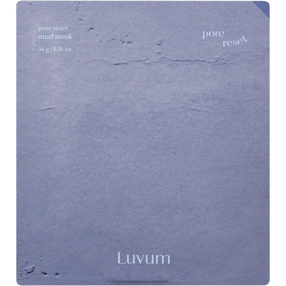 Emballage du masque facial. Texte: Pore Reset Mud Mask, LUVUM.