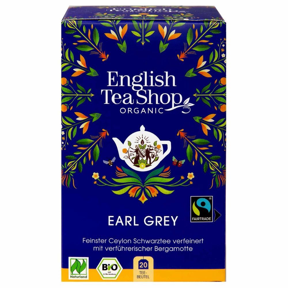 Blauwe doos met opschrift: English Tea Shop, Earl Grey, Organic. Fairtrade-label. 20 theezakjes. Vierkante vorm.