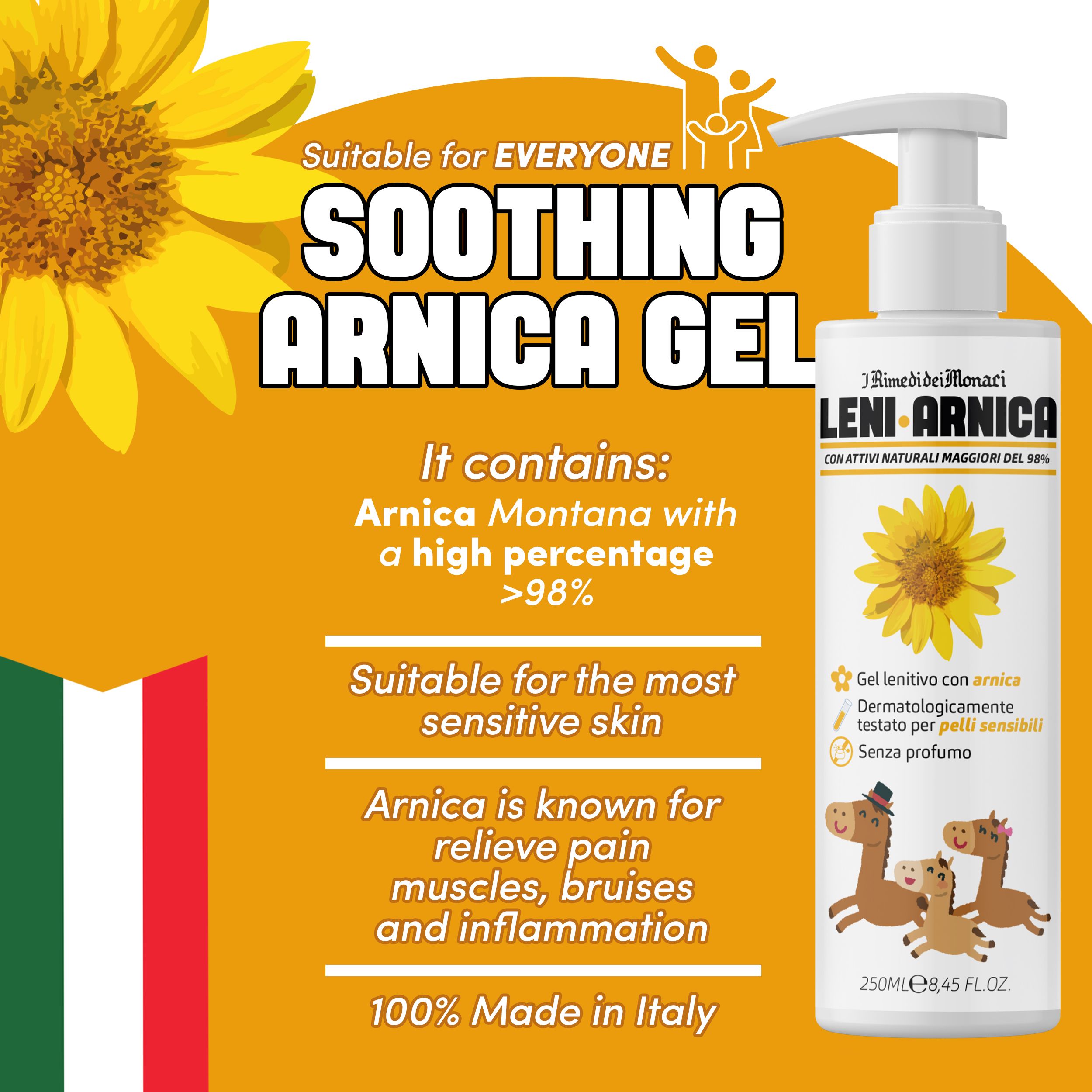 Arnica gel fles met geel etiket. Bevat Arnica Montana. Geschikt voor de gevoelige huid. 100% Made in Italy.