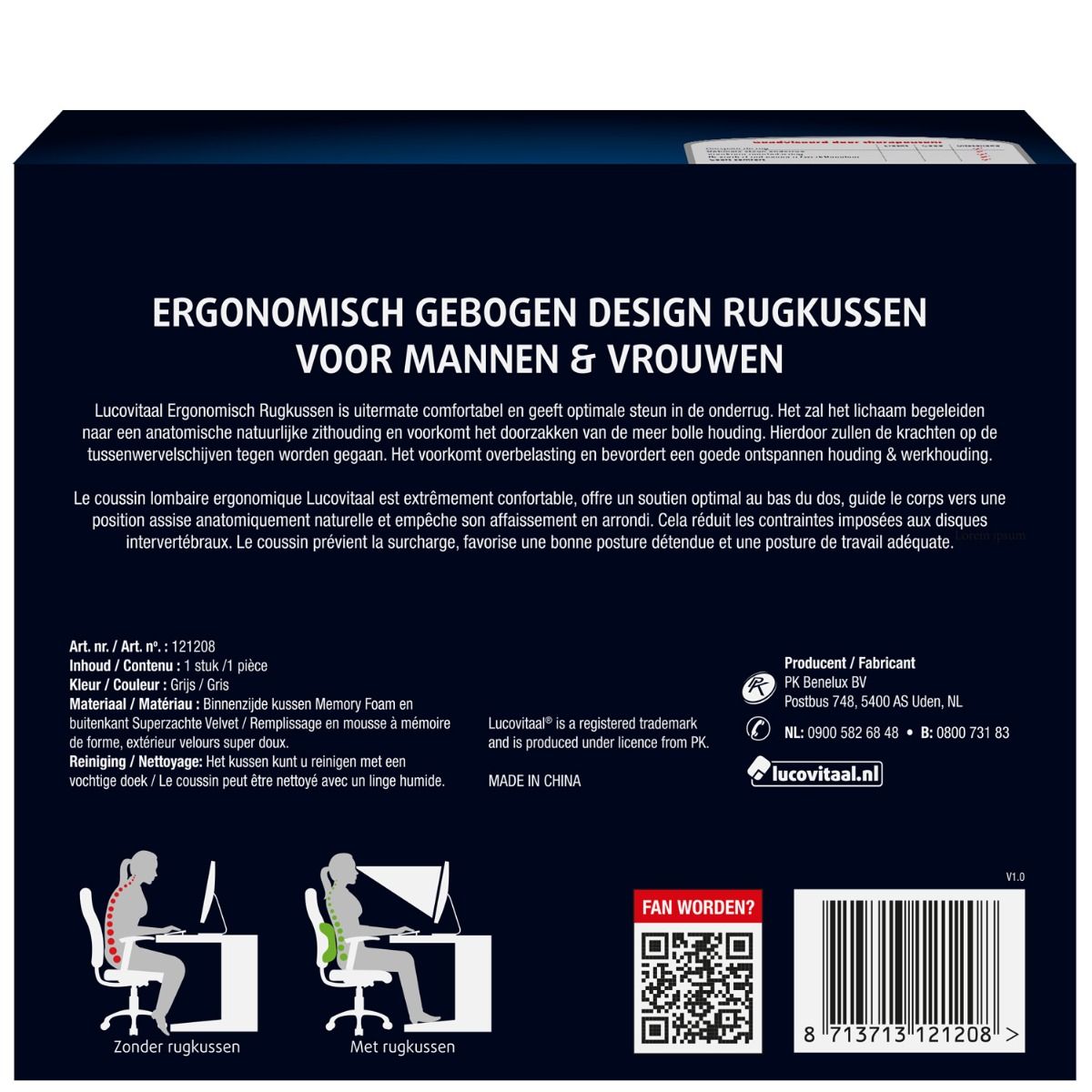 Achterkant van de productverpakking. Tekst in het Duits en Frans. Illustraties van personen met en zonder kussen.