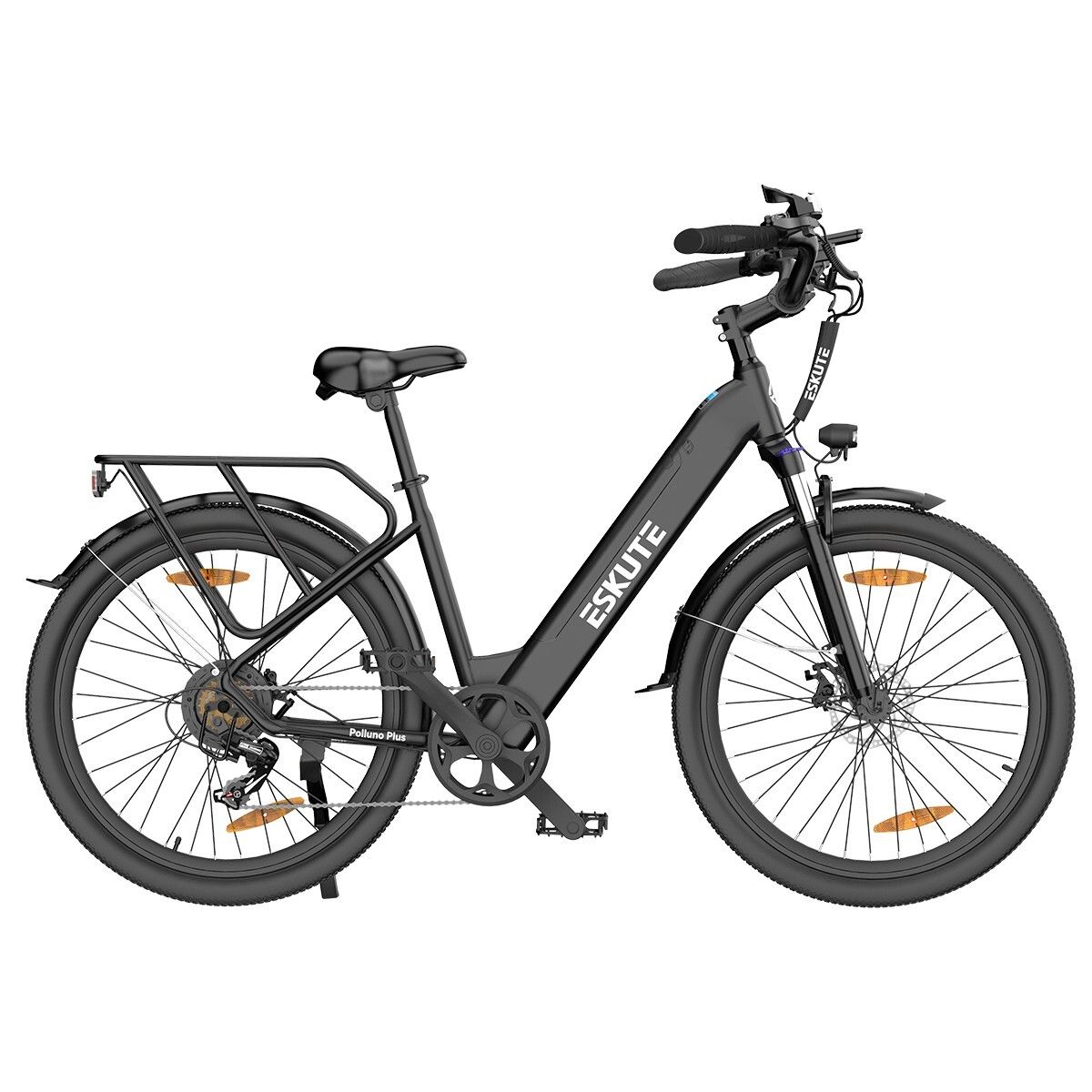 Vélo électrique ESKUTE Polluno Plus noir. Porte-bagages, garde-boue, phare. Batterie 36V 20Ah.