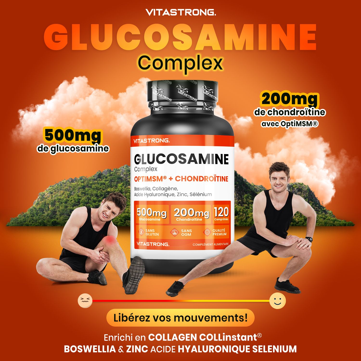 Vrouw en man op oranje achtergrond. Vitastrong Glucosamine + Chondroïtine fles. Opschrift: 120 tabletten. Vitastrong logo.