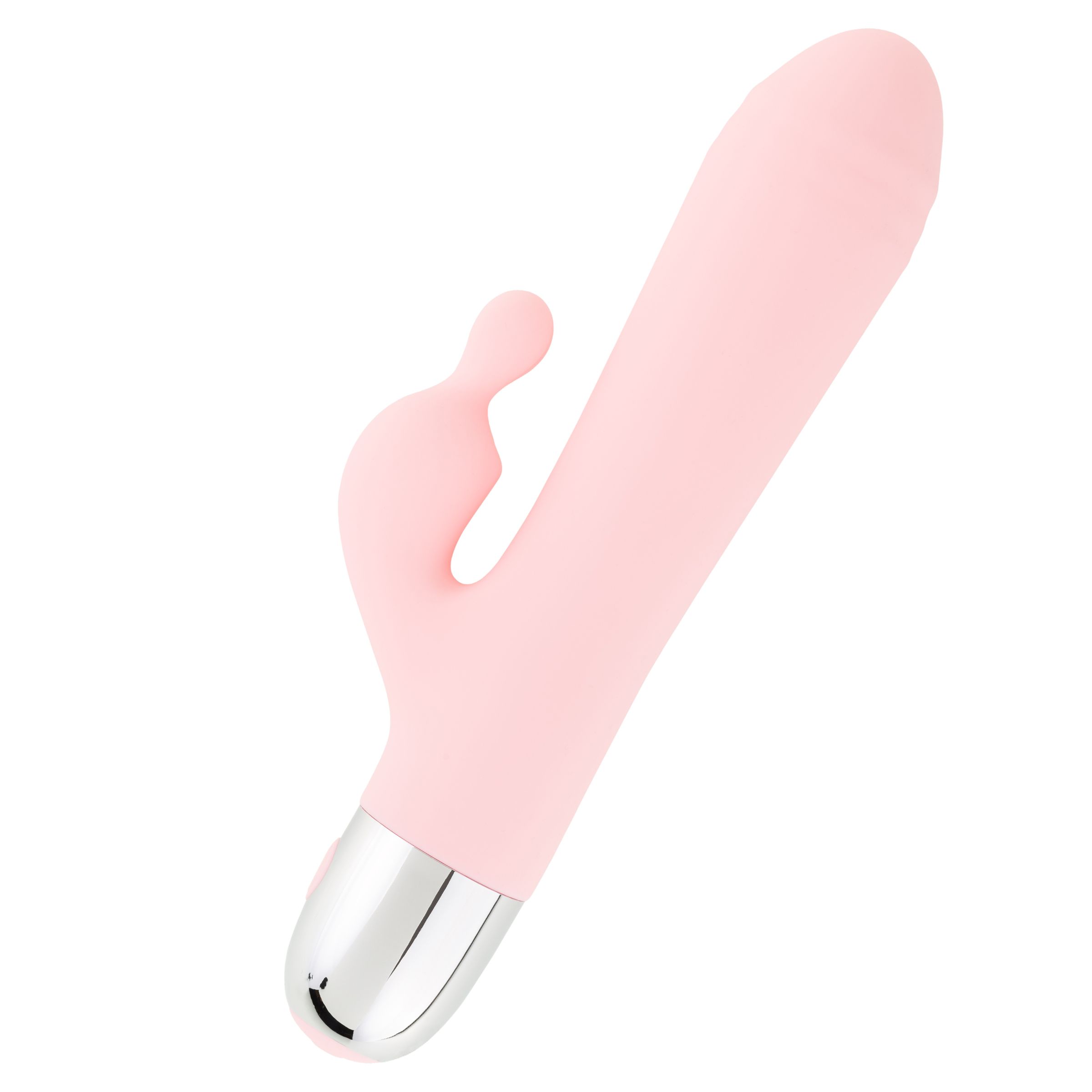 Roze vibrator met afgeronde punt en zijdelingse element. Zilverkleurige basis. Op witte achtergrond.