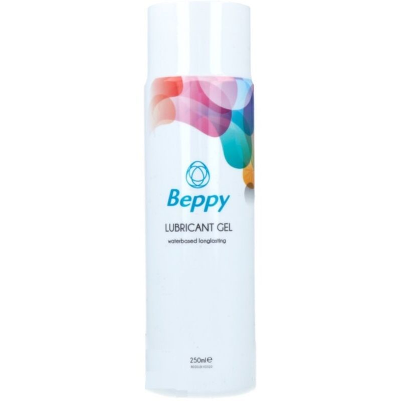 Gel Beppy blanc, graphisme coloré, texte. "LUBRICANT GEL" et "waterbased longlasting". 250ml.