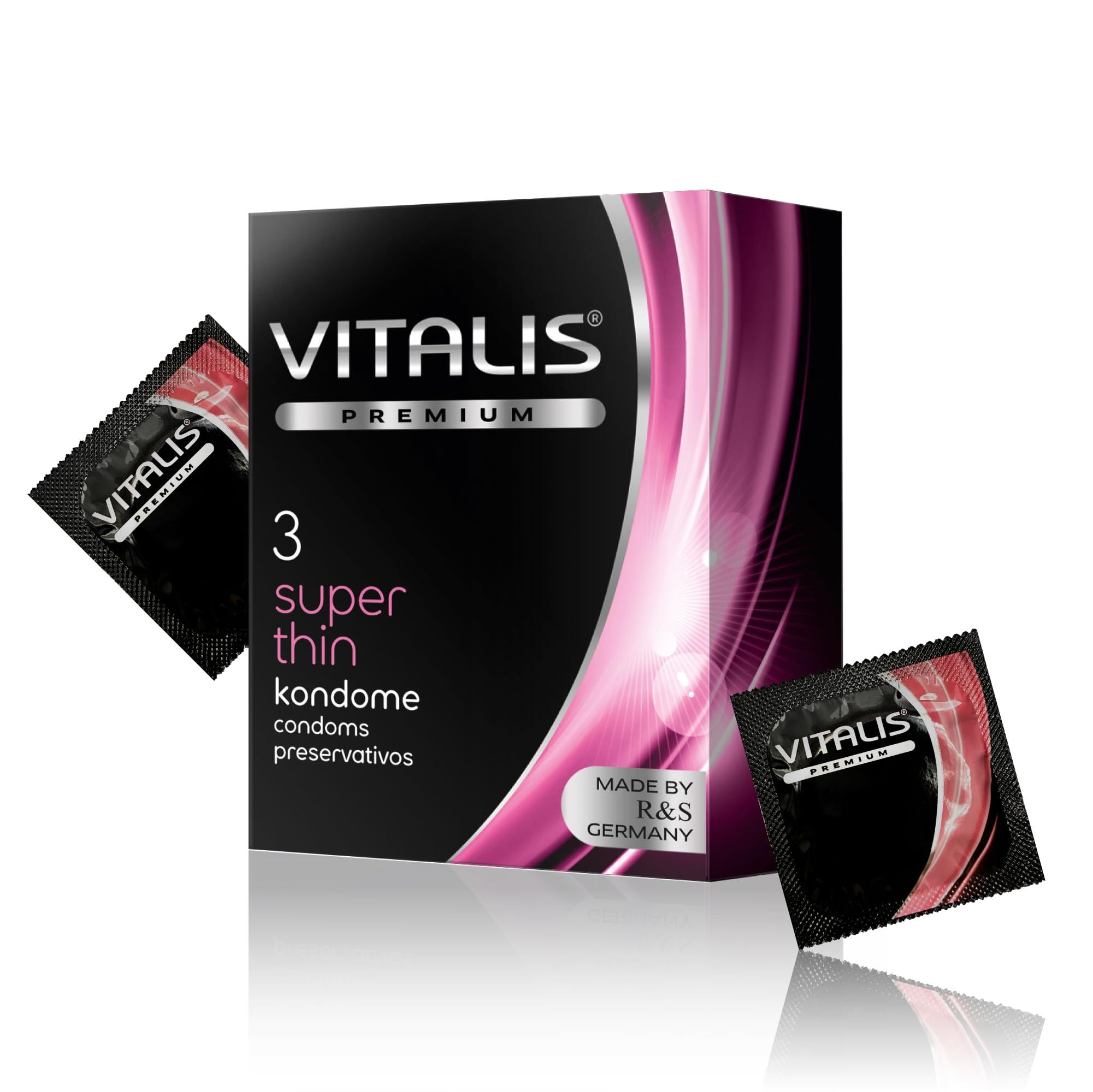 Pack de préservatifs Vitalis PREMIUM Super Thin, 3 unités, avec deux emballages individuels.