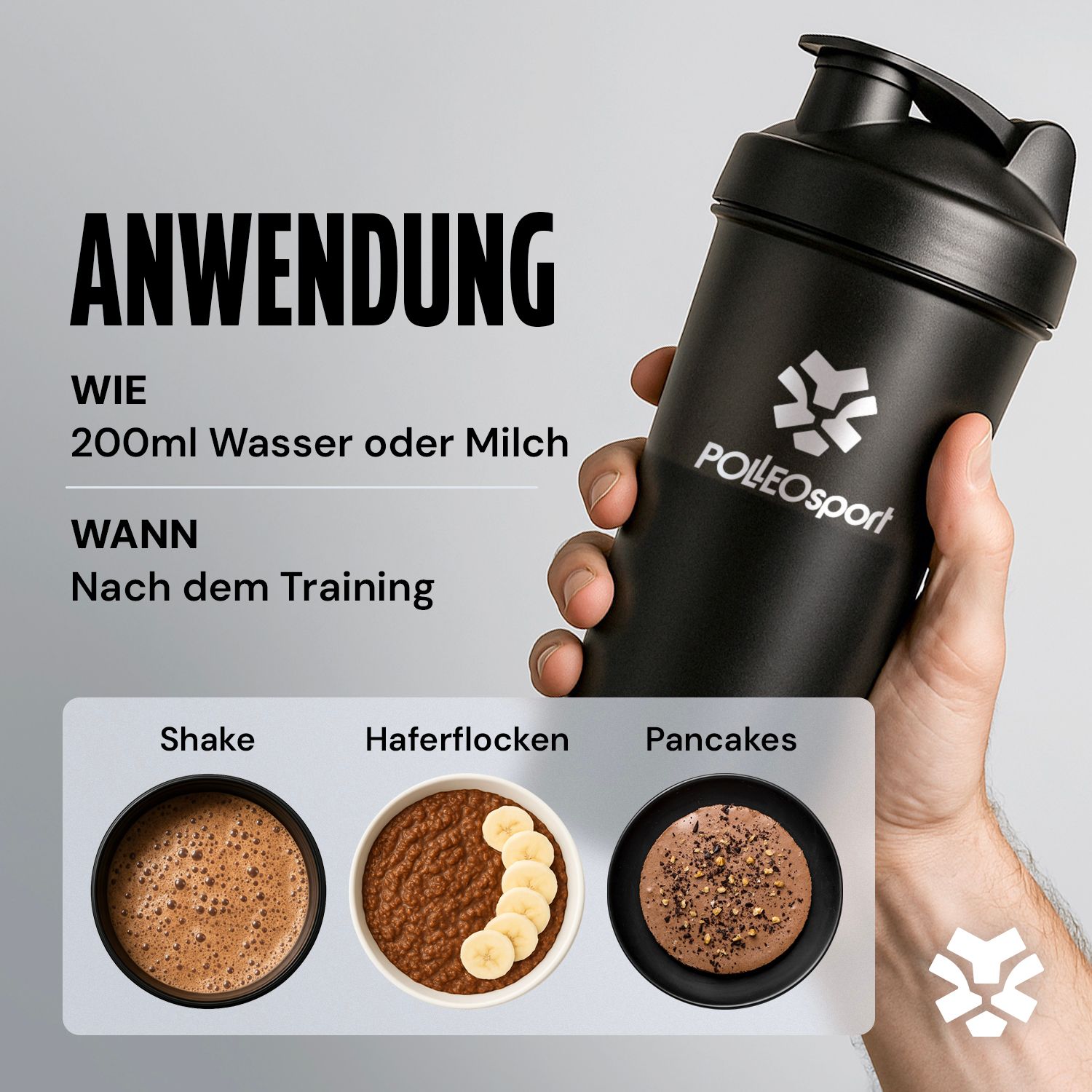 Main tenant un shaker Polleo Sport avec suggestions de préparation pour Polleo 1st Whey.