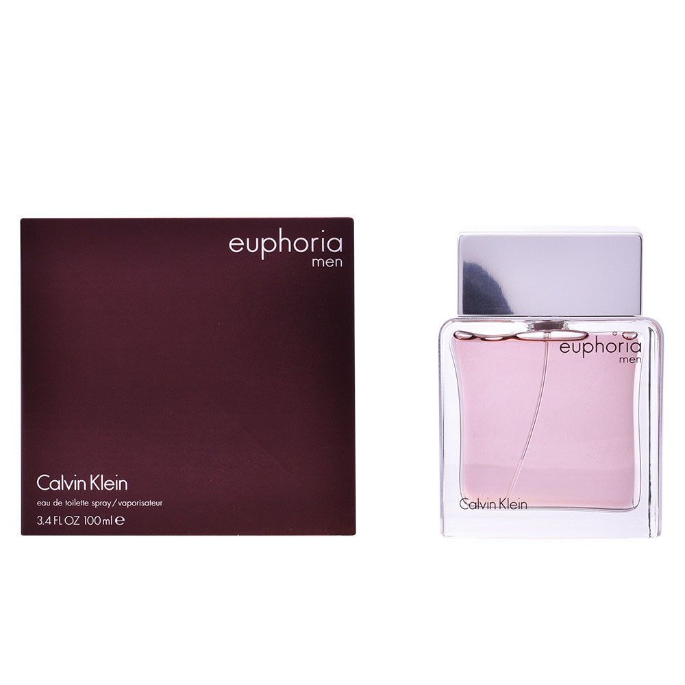 Fles en verpakking van Calvin Klein Euphoria Men. Fles met zilveren dop, roze vloeistof. Bruine verpakking.