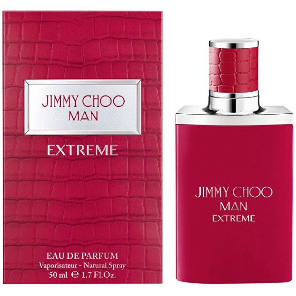 Rode parfumfles en verpakking. Opschrift: JIMMY CHOO MAN EXTREME. Eau de Parfum. 50 ml.