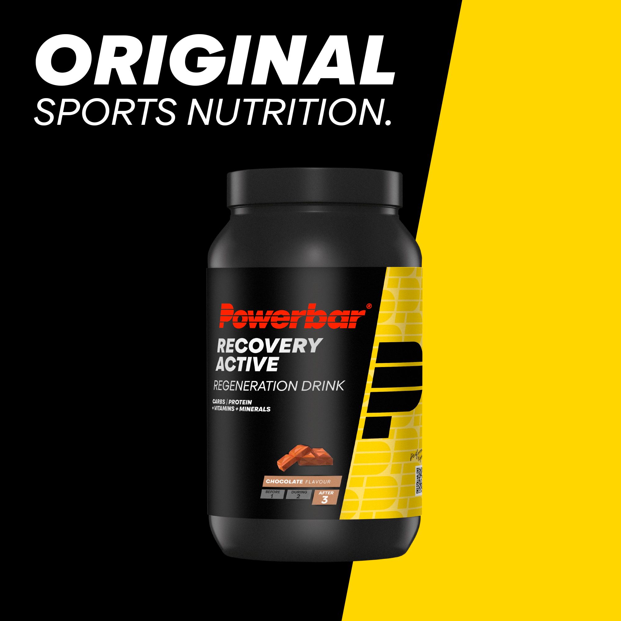 PowerBar Recovery Active Regeneratiedrank chocoladesmaak. Zwarte pot met geel etiket.