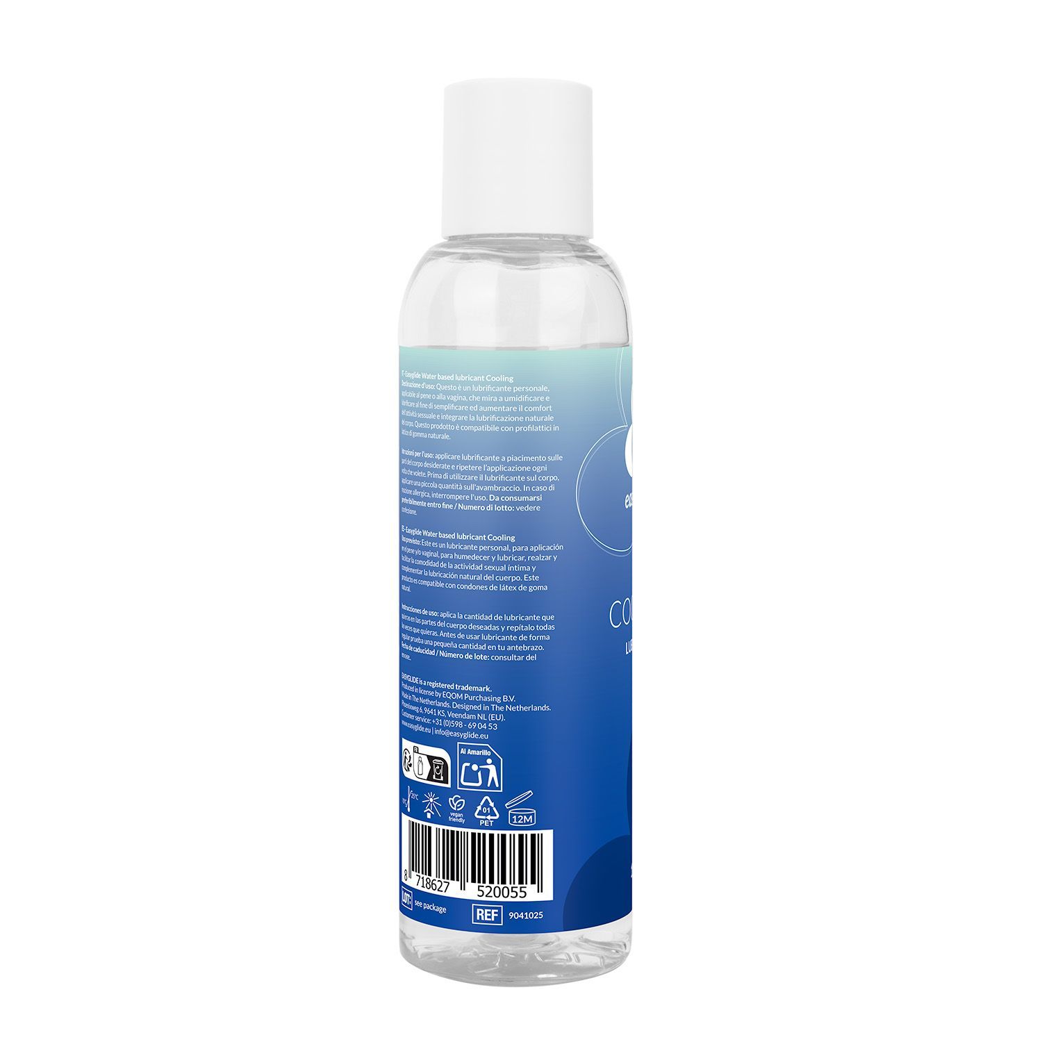 Transparante fles met witte dop. Blauw etiket met tekst. Barcode en symbolen onderaan.