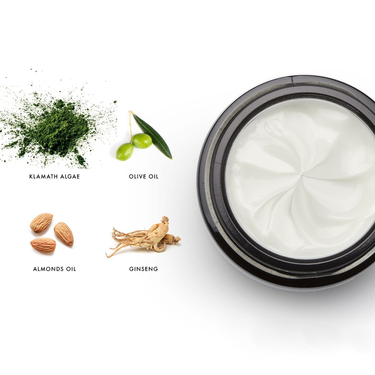 Alkemy oogcrème potje met ingrediënten: Klamath algen, olijfolie, amandelolie, ginseng.