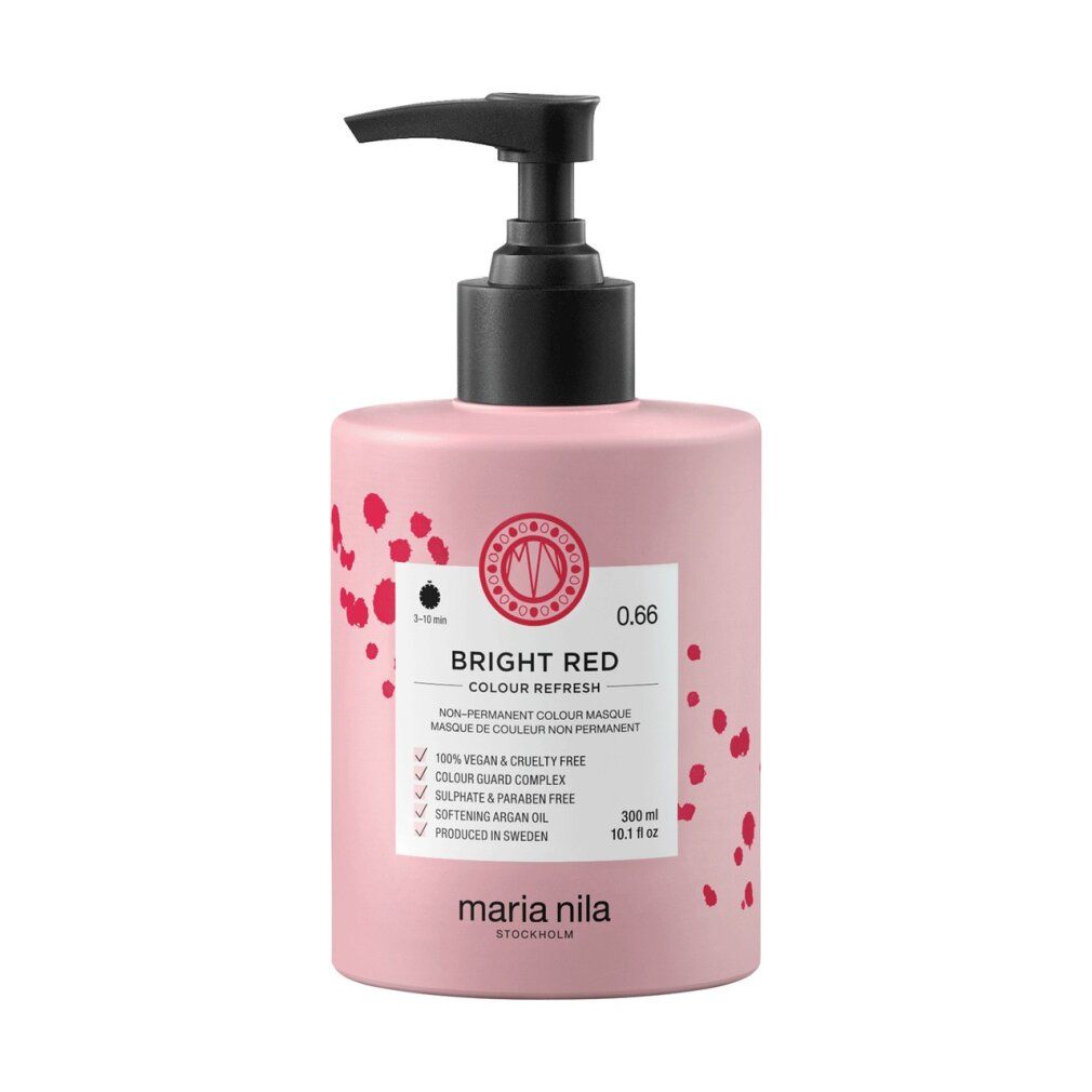 Roze fles met zwarte pomp. Label met productnaam en details. Merk: Maria Nila. Tekst: Bright Red Colour Refresh.