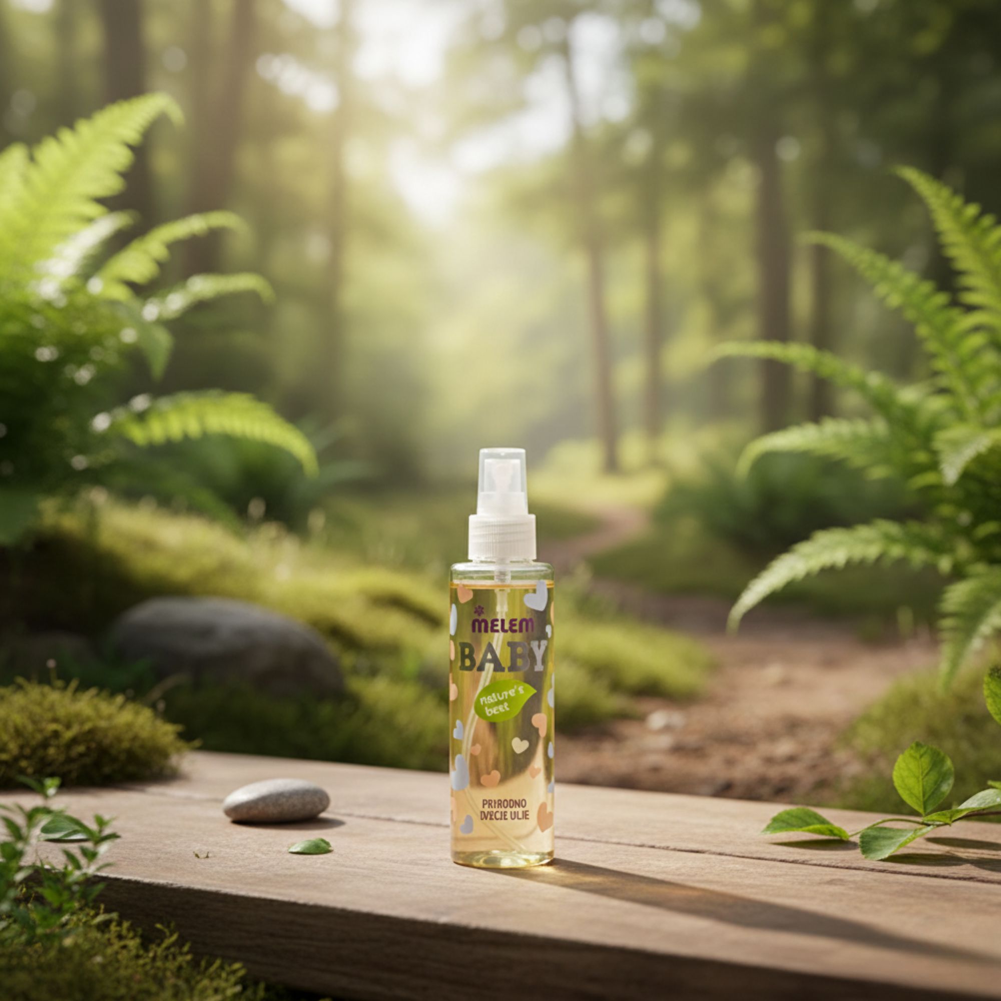 Une bouteille d'huile pour bébé Melem sur une passerelle en bois. Forêt en arrière-plan. Le nom de la marque et du produit sont visibles.