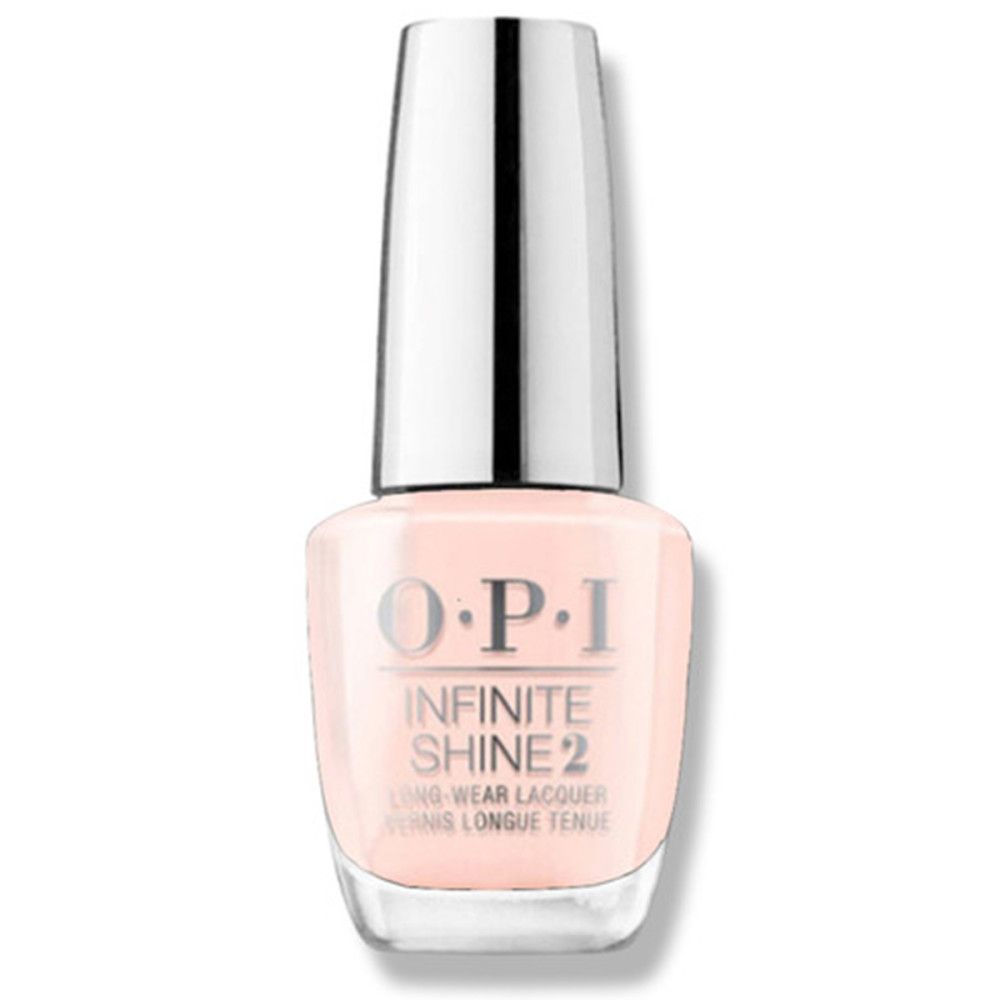 Flacon de vernis à ongles OPI Infinite Shine 2 rose clair. Bouchon argenté, flacon transparent. Nom du produit visible.