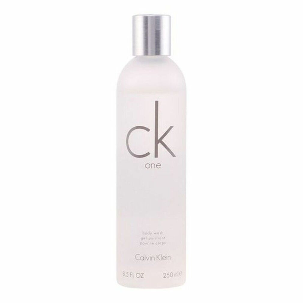 Douchegel fles met zilveren dop. Opschrift "ck one" en "Calvin Klein". 250ml.
