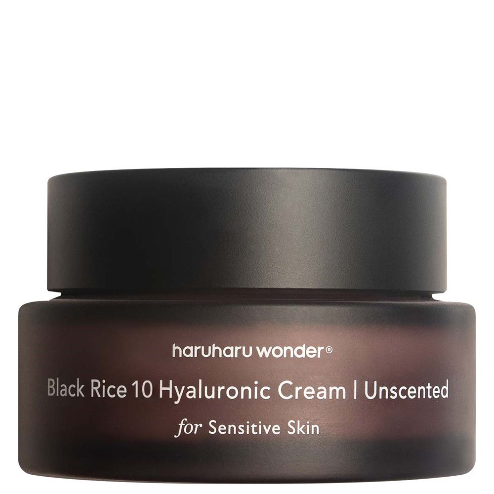 Crème Haruharu Wonder Black Rice 10 Hyaluronic Cream Unscented pour peaux sensibles, pot foncé.