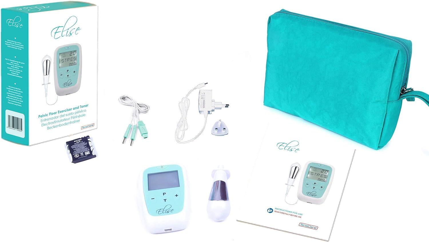 Productset met apparaat, sonde, kabels, oplader, batterijen, tas en handleiding. Verpakking met productnaam.