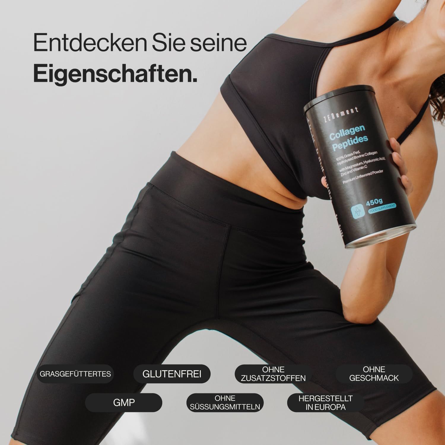 Boîte de peptides de collagène Zenement, 450g. Femme tenant la boîte. Texte: Sans gluten, sans additifs, sans goût, GMP, sans édulcorants, fabriqué en Europe.