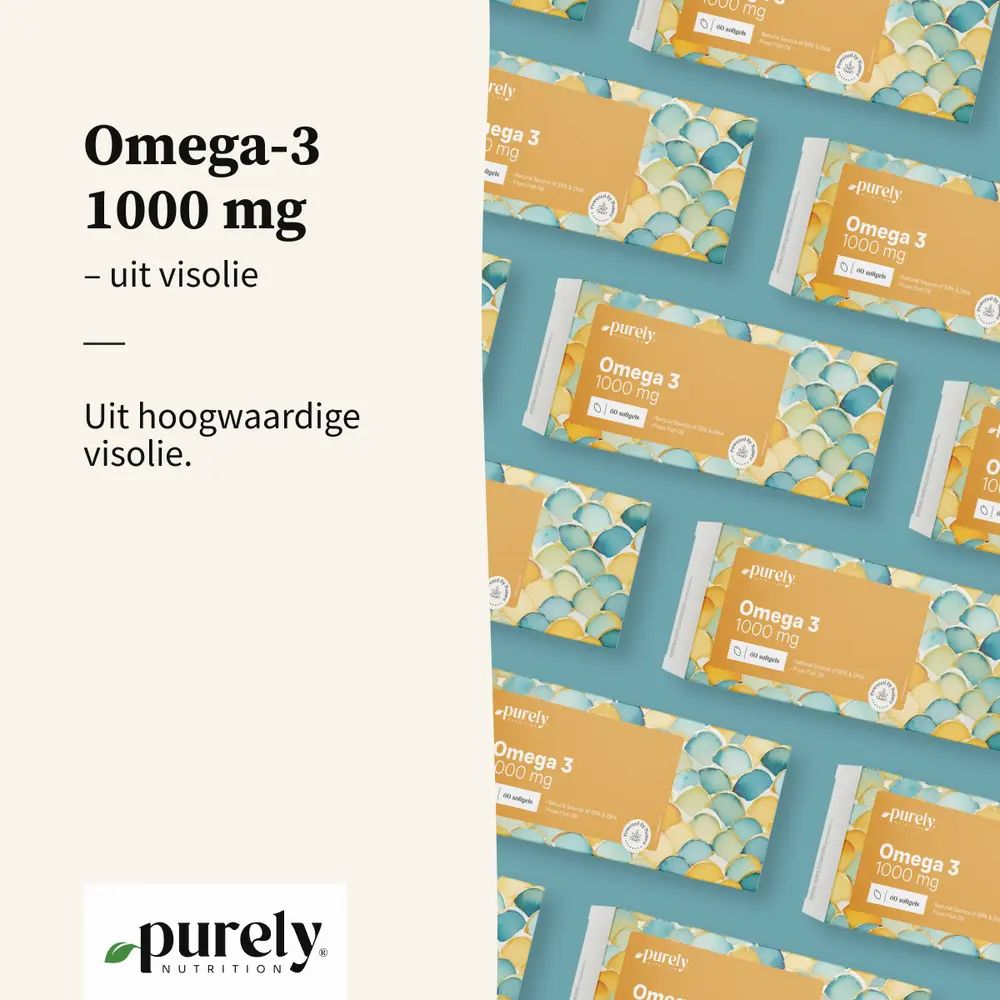 Meerdere verpakkingen Purely Omega-3 1000 mg. Tekst: Omega-3 1000 mg - uit visolie.