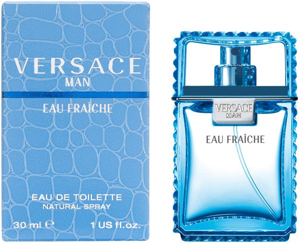 Lichtblauwe Eau de Toilette Spray en verpakking. Opschrift: Versace Man Eau Fraiche. 30 ml.