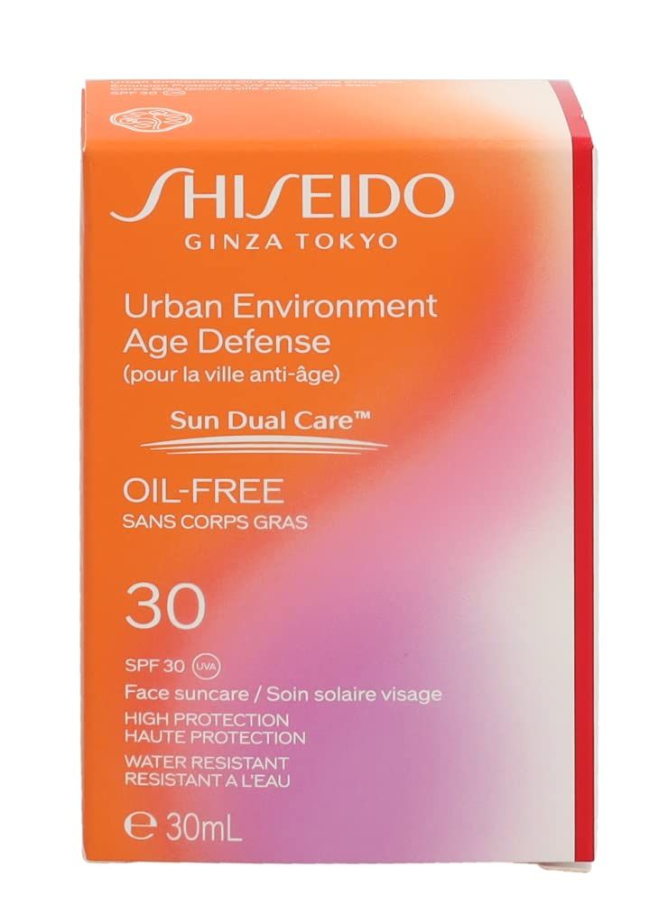 Emballage du produit. Shiseido Urban Environment Age Defense, SPF 30. Design orange et blanc. Texte : Oil-Free, Sun Dual Care, 30 ml.