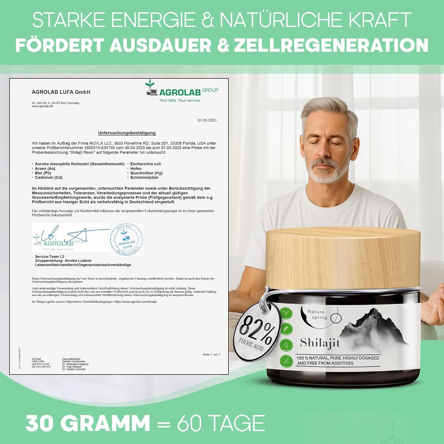 Pot de Shilajit avec couvercle en bois, à côté d'un certificat. Homme méditant. Texte : 82% acide fulvique. 30 grammes = 60 jours. Certification Agrolab.