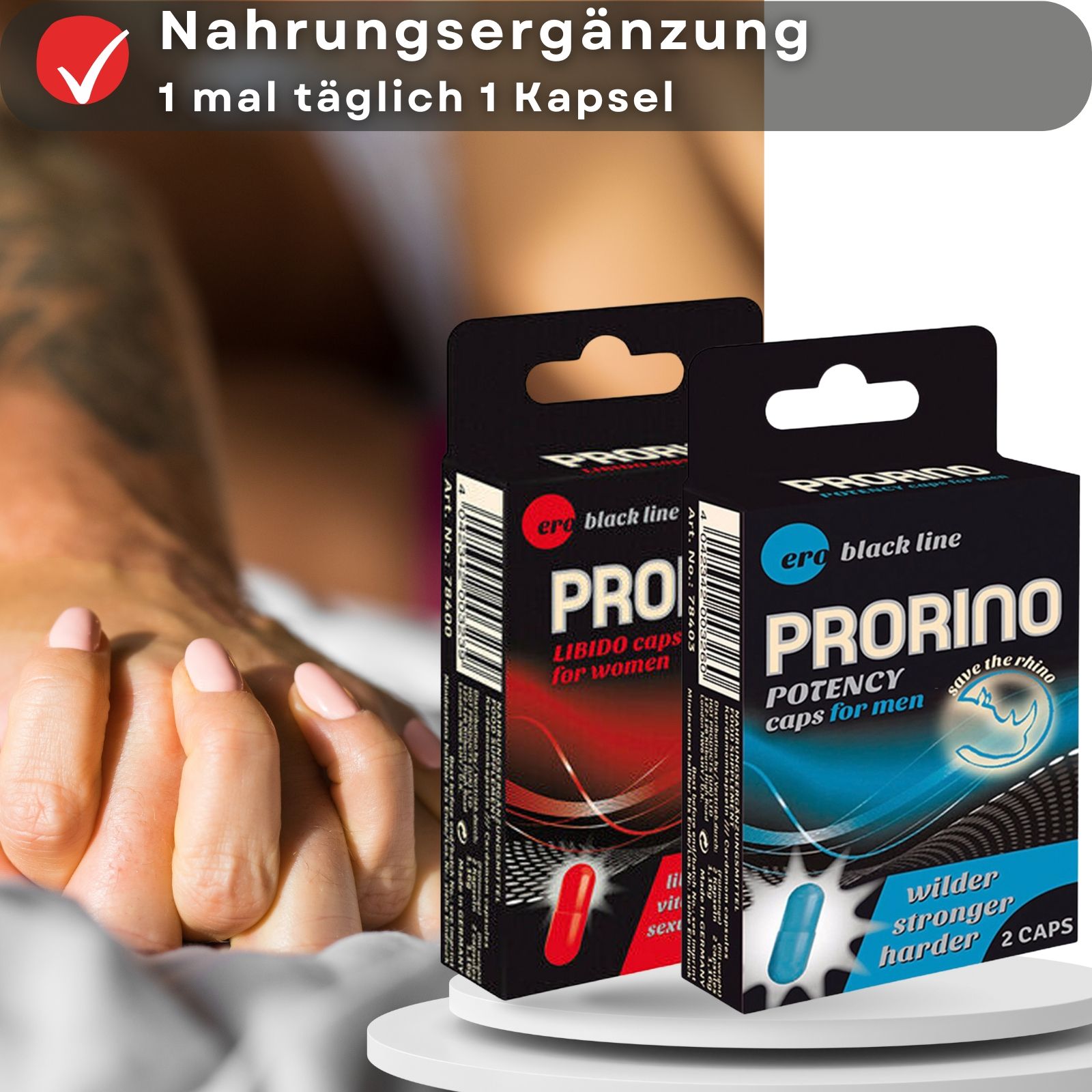 Twee dozen Prorino. Tekst: Voedingssupplement, 1 capsule per dag. Achtergrond: handen op lakens.