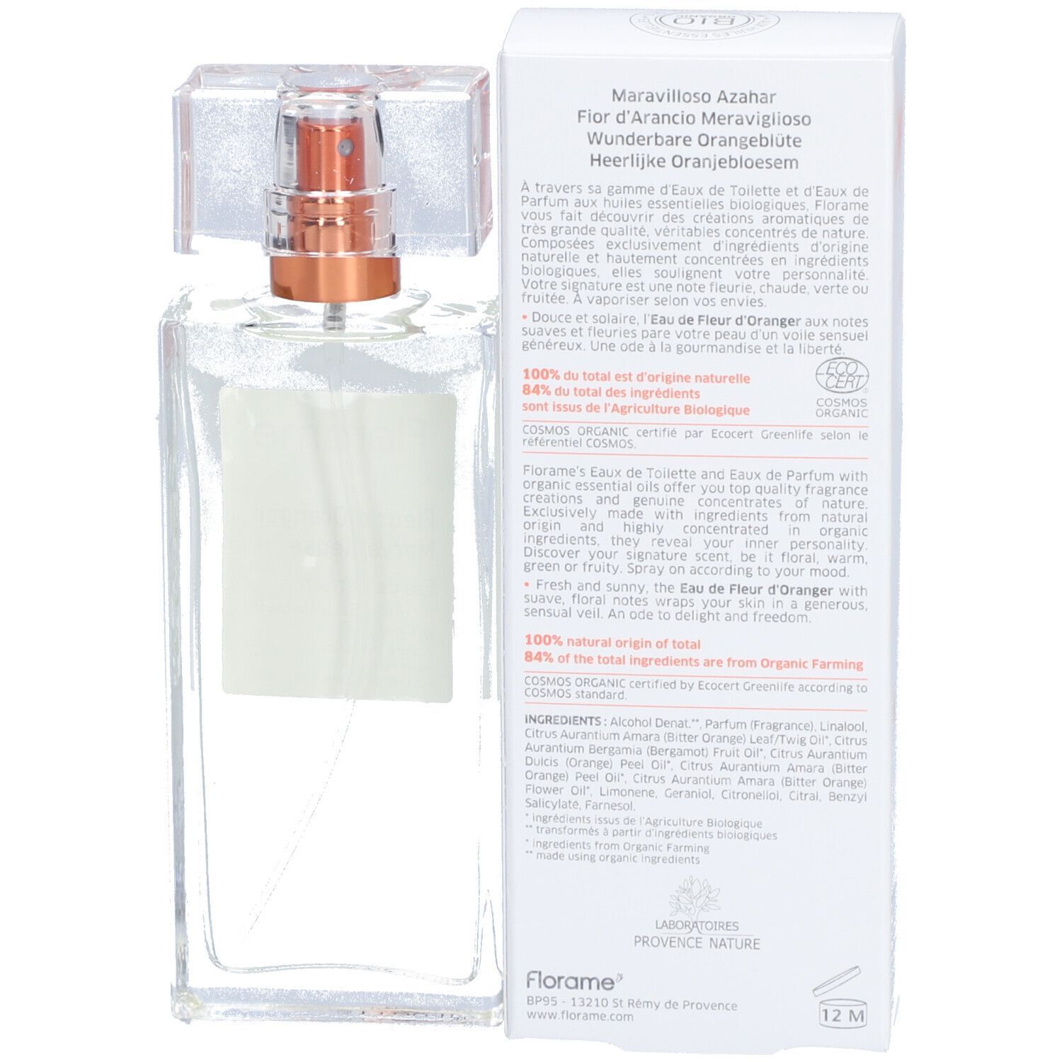 Flacon et emballage de parfum Florame. Inscription : Fleur d'Oranger Merveilleuse, Eau de Parfum. Certification COSMOS ORGANIC.