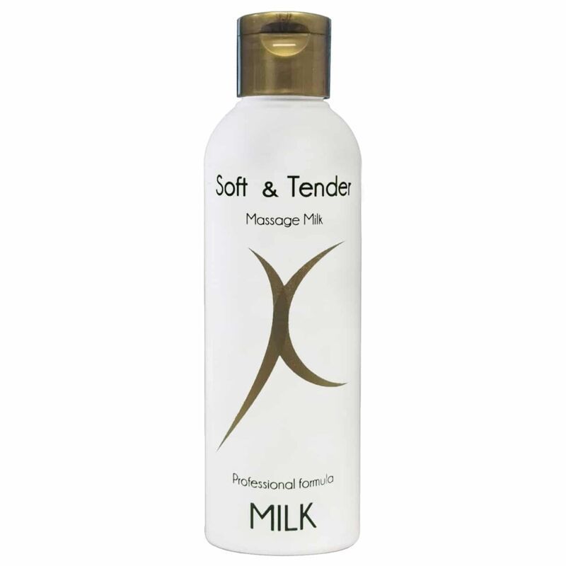 Bouteille blanche avec bouchon doré, étiquetée 'Soft & Tender Massage Milk'.