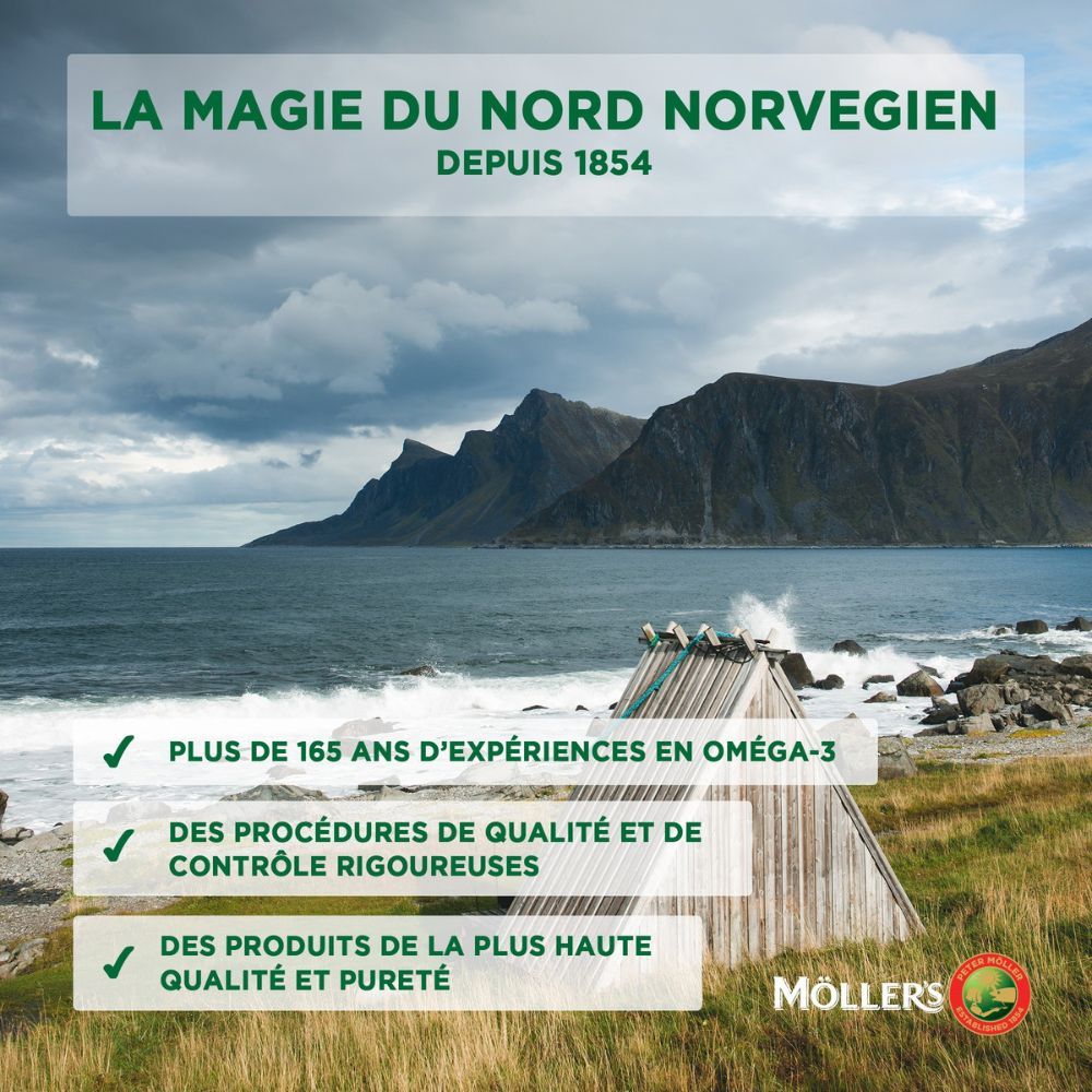 Paysage avec mer et montagnes. Texte : La magie du Nord. Logo Möller's.