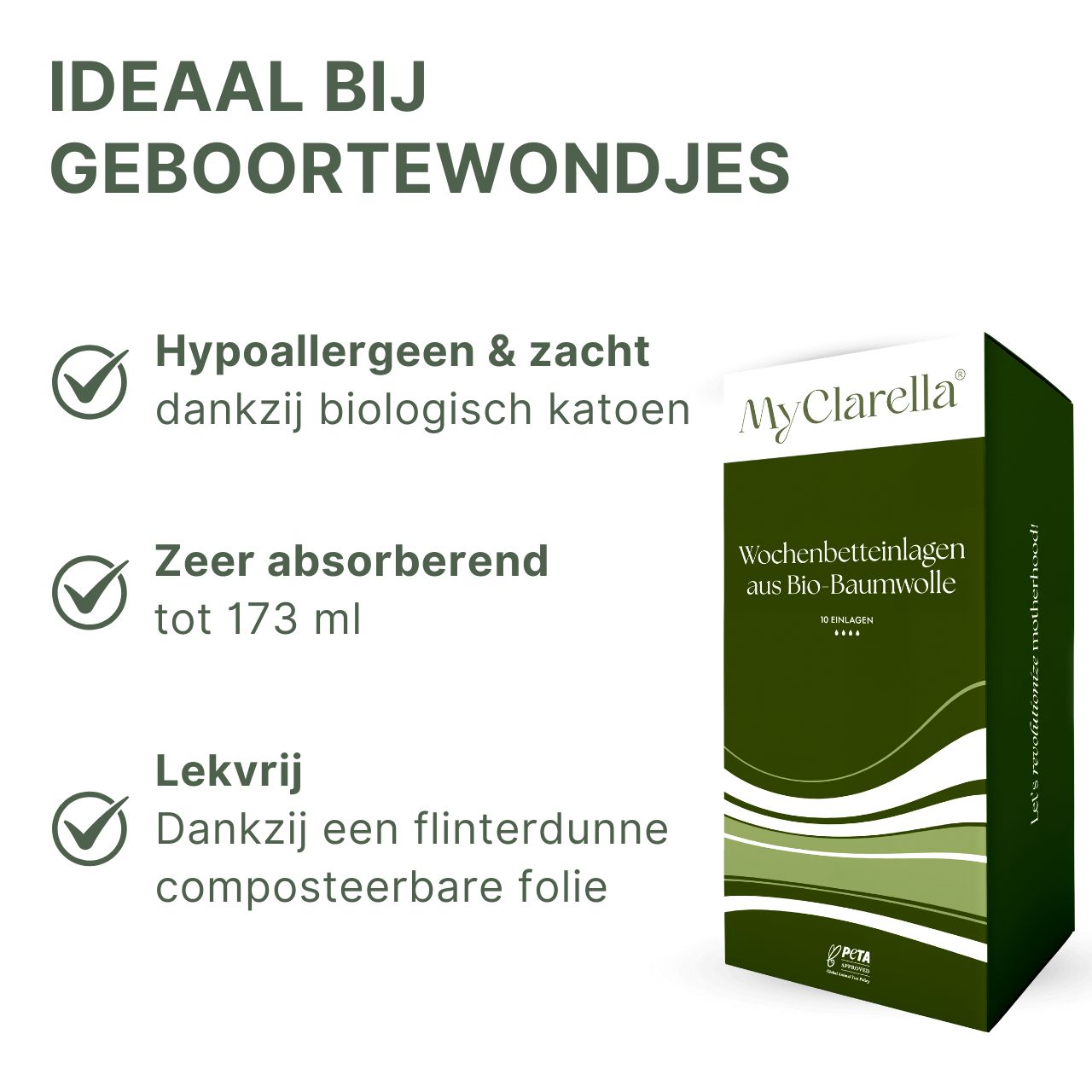 MyClarella® kraamverband verpakking. Ideaal bij bevallingswonden. Hypoallergeen, absorberend, lekvrij.