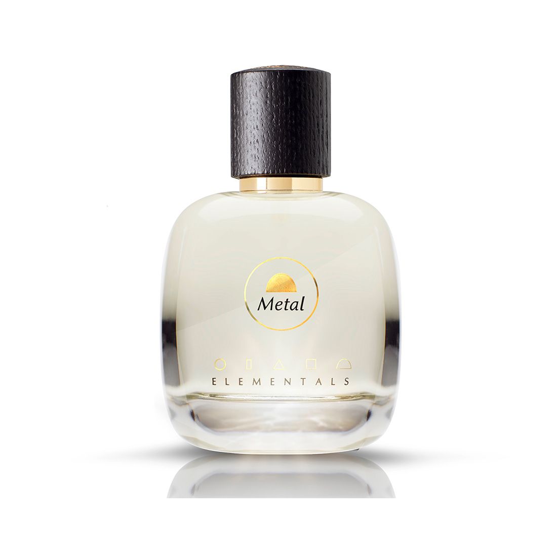 Flacon de parfum avec bouchon en bois noir et étiquette dorée "Metal Elementals".
