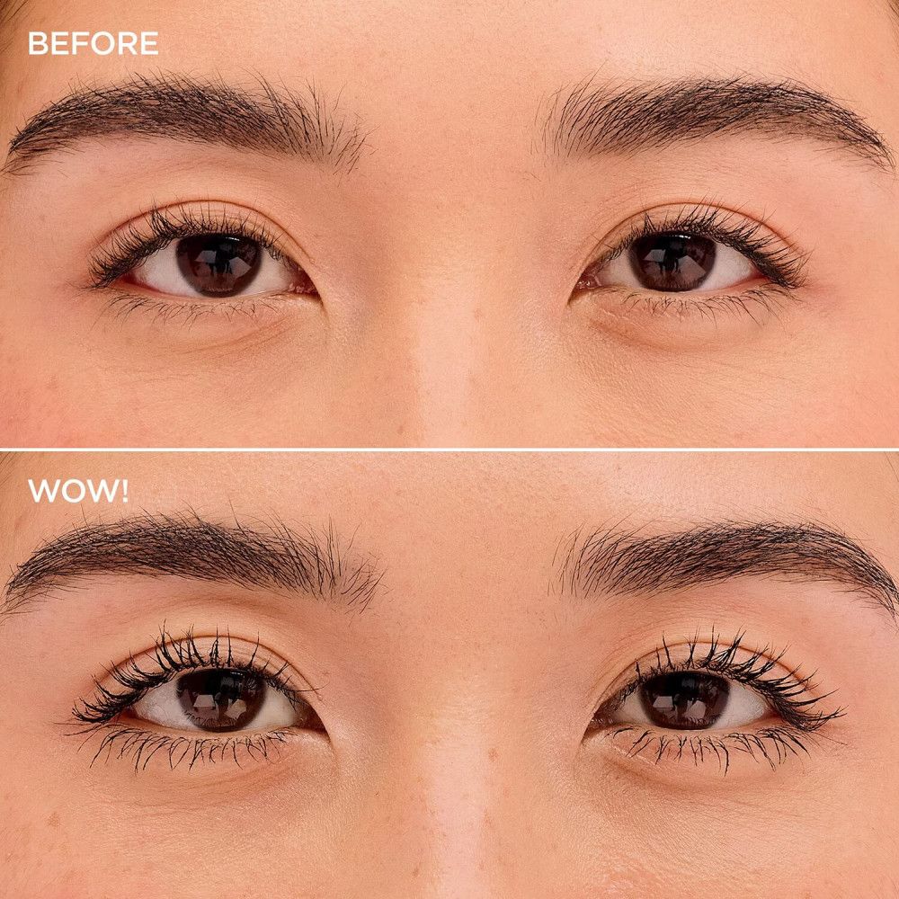 Voor-en-na vergelijking van ogen. Bovenste rij: voor. Onderste rij: na, met mascara.