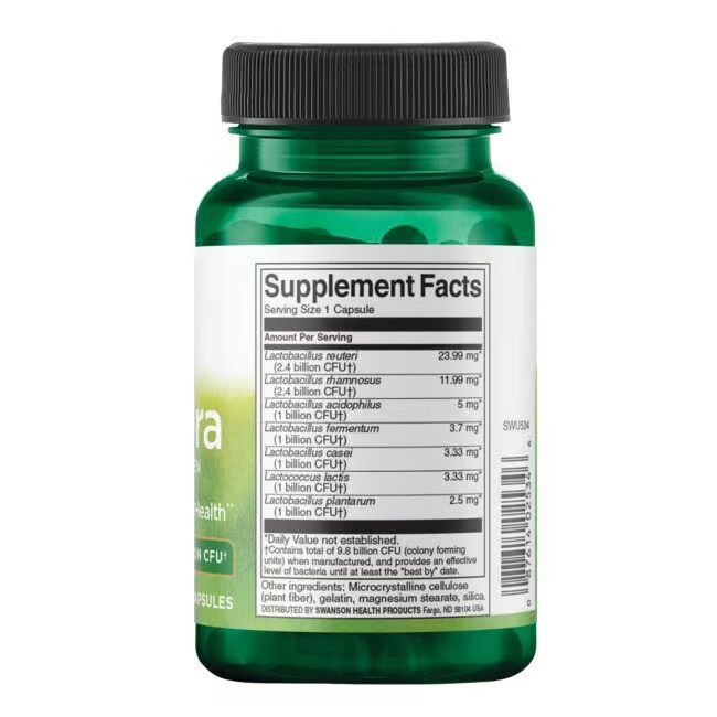 Dos du flacon vert. Inscription: Swanson FemFlora. Informations nutritionnelles. 7 souches bactériennes.