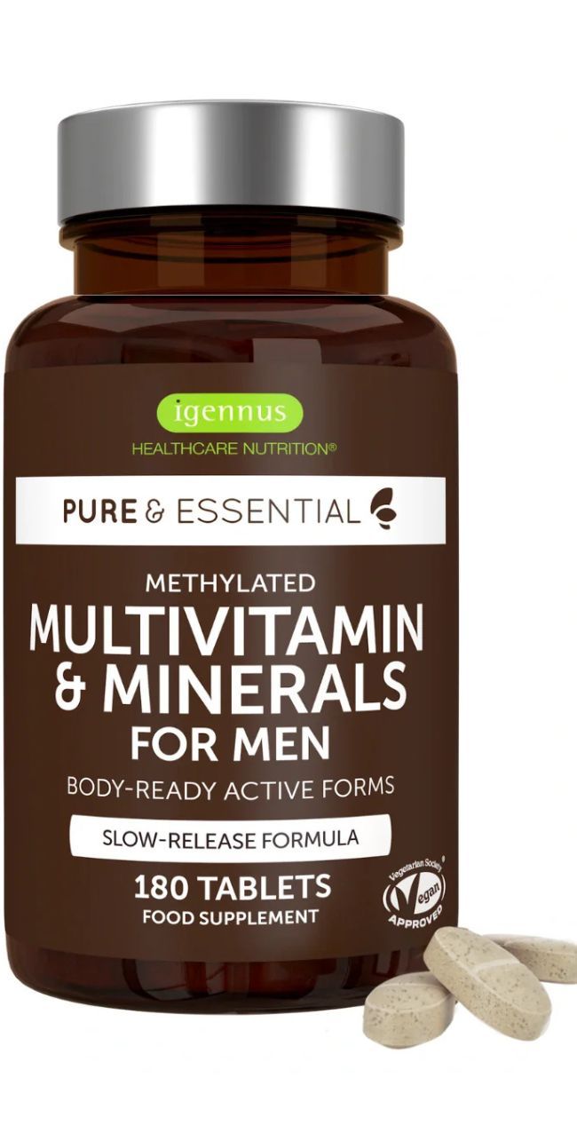 Bouteille de Igennus Multivitamines & Minéraux pour Hommes, 180 comprimés, avec comprimés.
