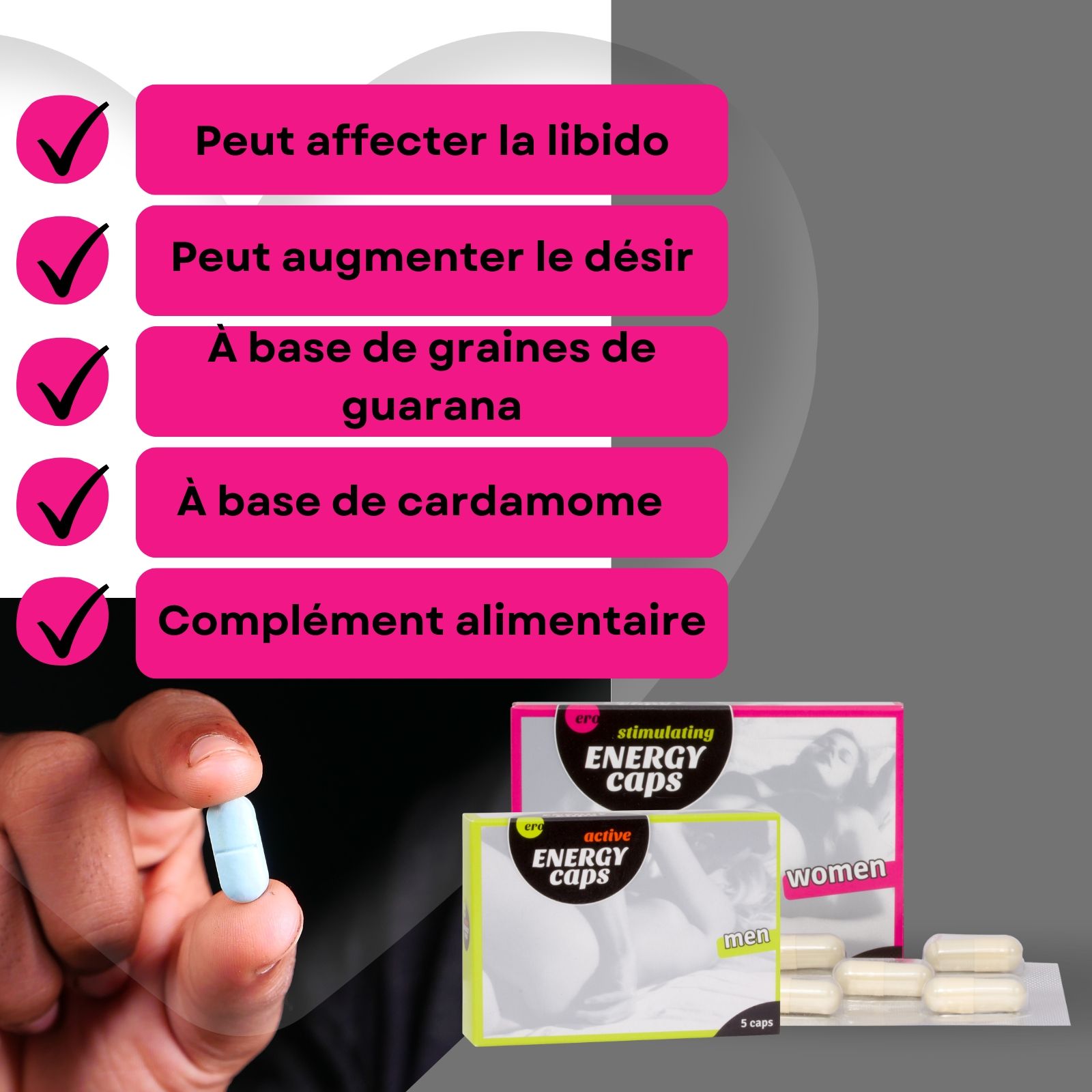 Ingrédients sur une table. À côté, deux boîtes de gélules. Inscription : Ero, Energy Caps.