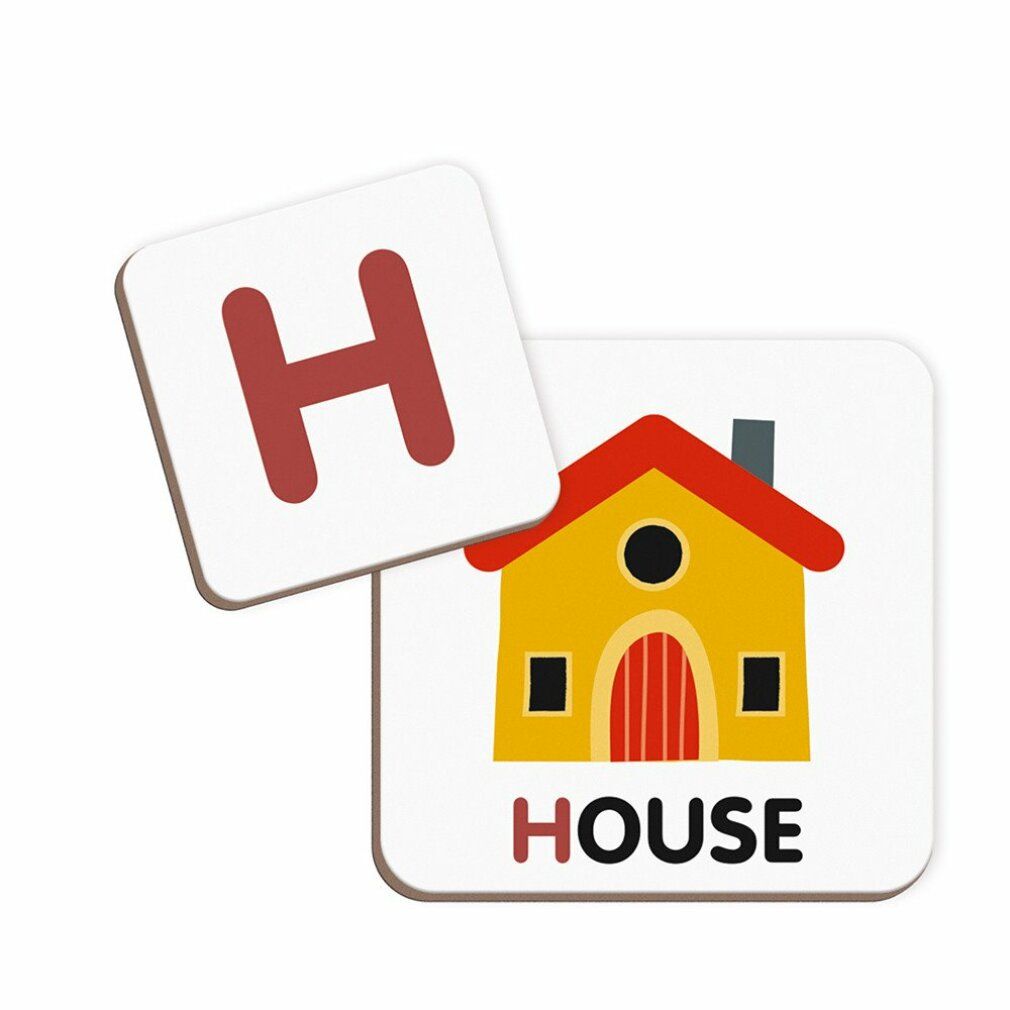 Magnetibook Alfabeto inglese. Vierkante magneten met letters en afbeeldingen. Letter H en huis met woord HOUSE.
