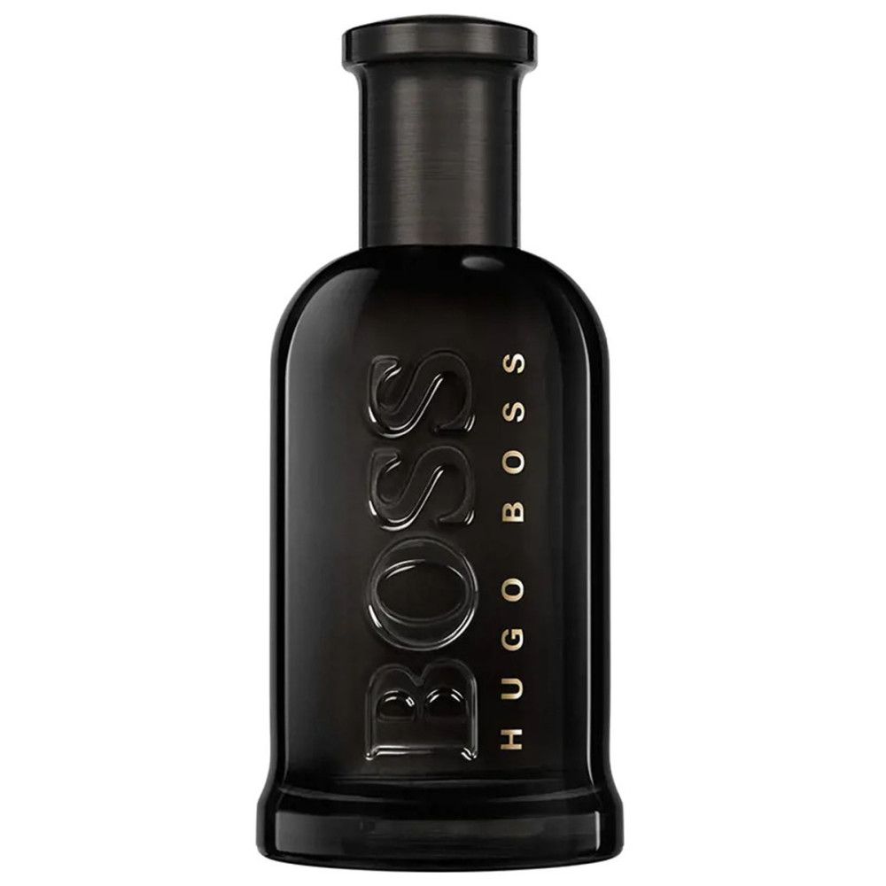 Zwarte fles met gouden belettering BOSS HUGO BOSS. Fles zonder verpakking, vooraanzicht.