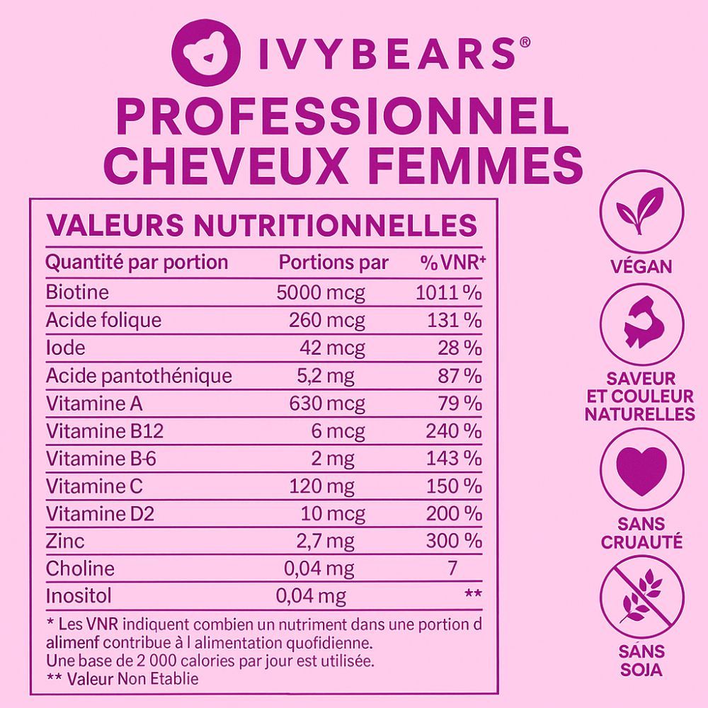 Tableau nutritionnel. Contient biotine, acide folique, iode, acide pantothénique, vitamines. Vegan, sans cruauté, sans soja.