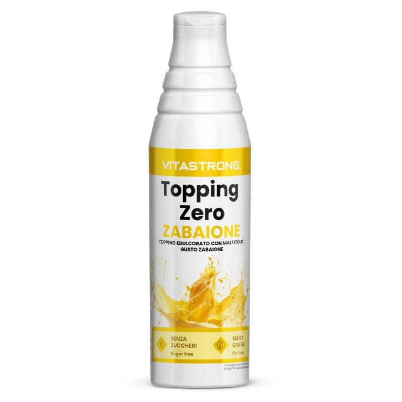 Fles Vitastrong Topping Zero Zabaione. Wit plastic, geel etiket. Tekst: suikervrij, vetvrij.